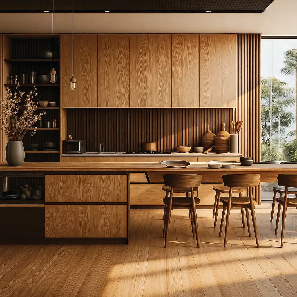 Warm kitchen interior with hokon woodgrain boards