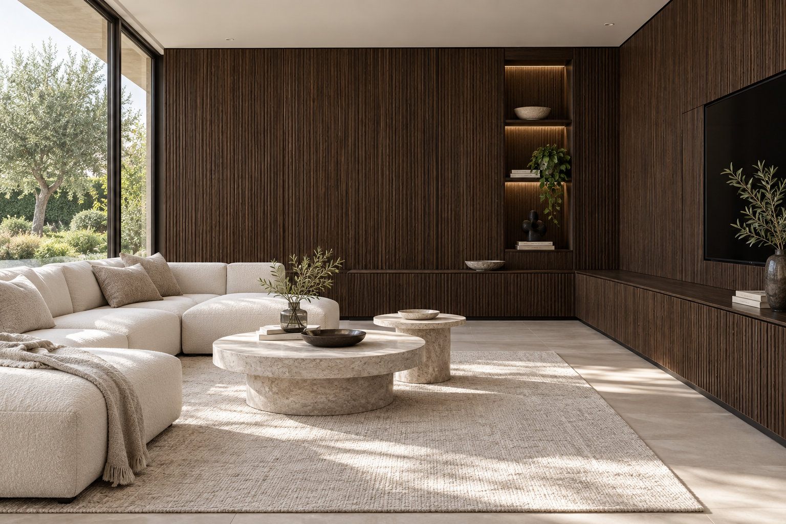 Design visualization: corner lounge cabinet in Smoked Burr, decor HG3001