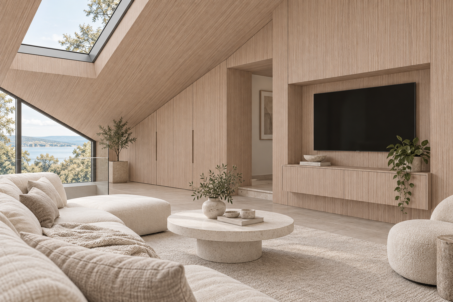 Design visualization: low-ceiling media wall in Twilight Burr, decor HG3002
