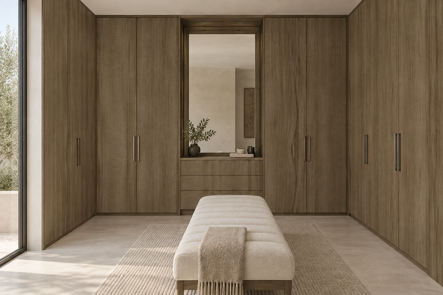 Design visualization: three-sided wardrobe alcove in Suwa Acacia Wood, decor HG3005