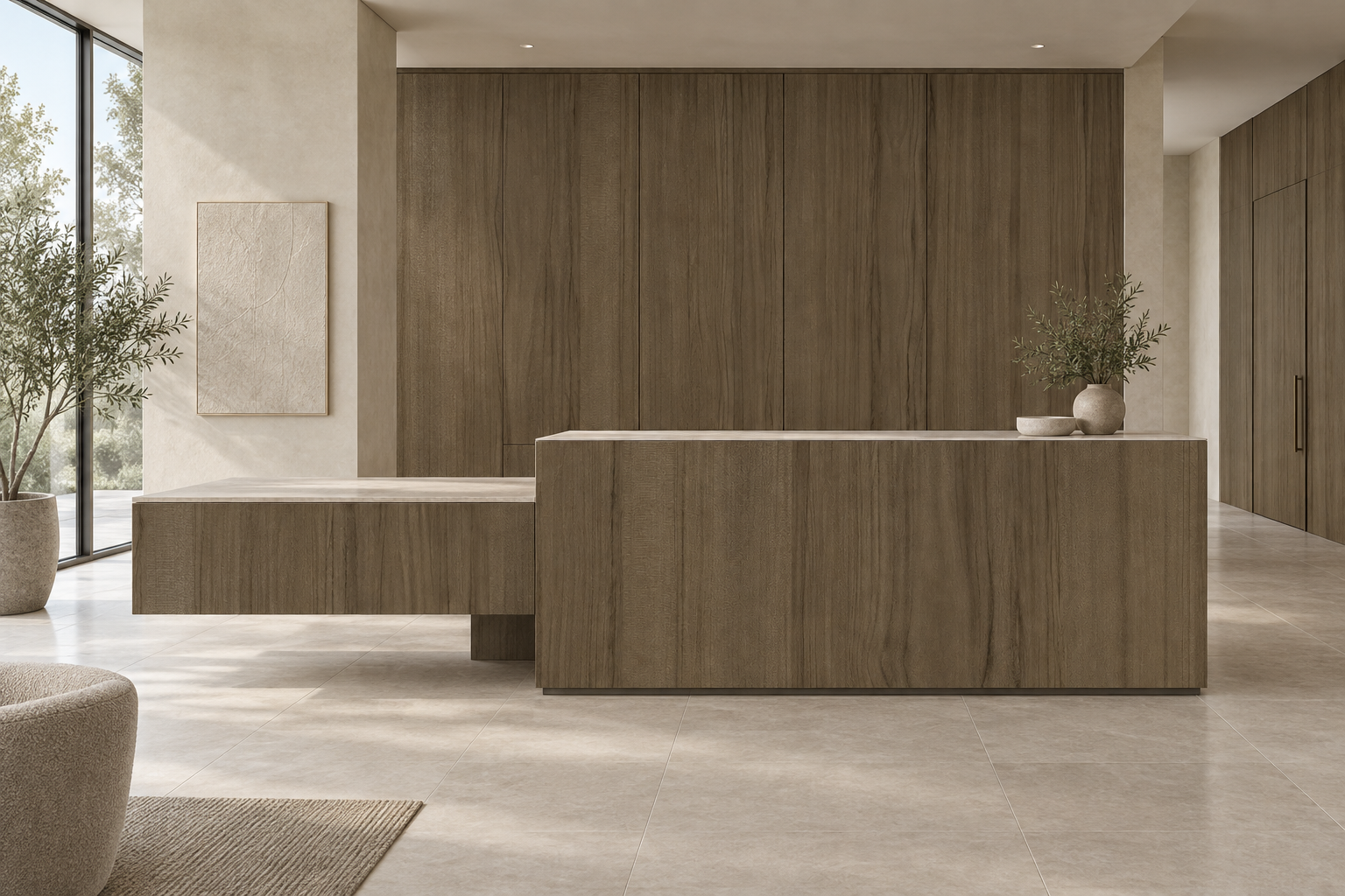 Design visualization: open-corner welcome desk in Suwa Acacia Wood, decor HG3005