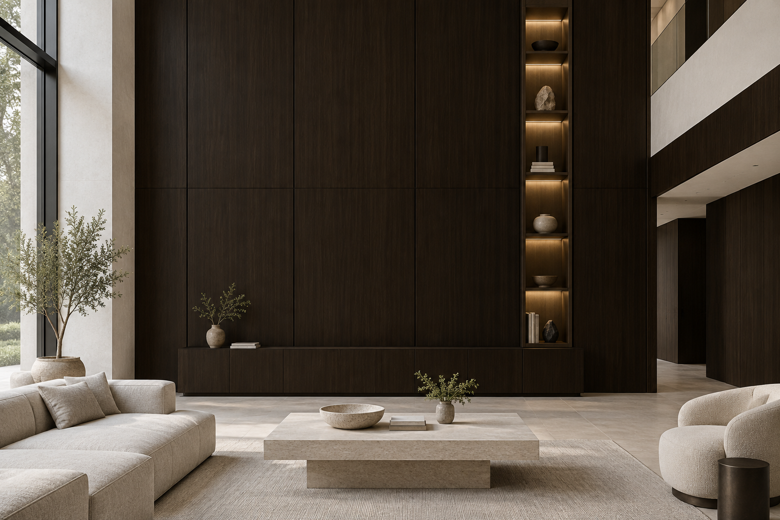 Design visualization: tall display-wall composition in Fornia Walnut, decor HG3006