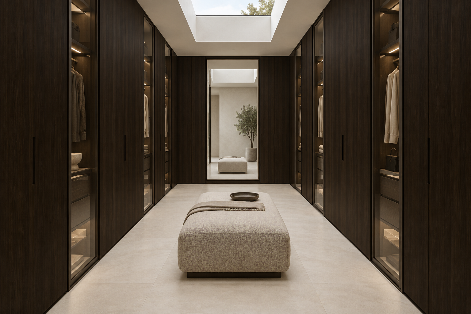 Design visualization: glass-and-walnut dressing suite in Fornia Walnut, decor HG3006