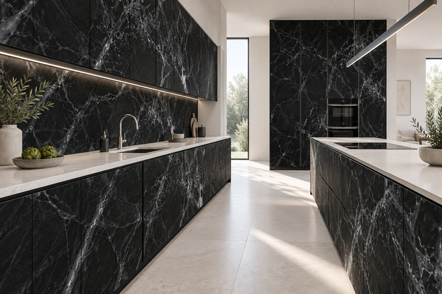 Kitchen design visualization with Glass Frost Black HG3007 cabinetry