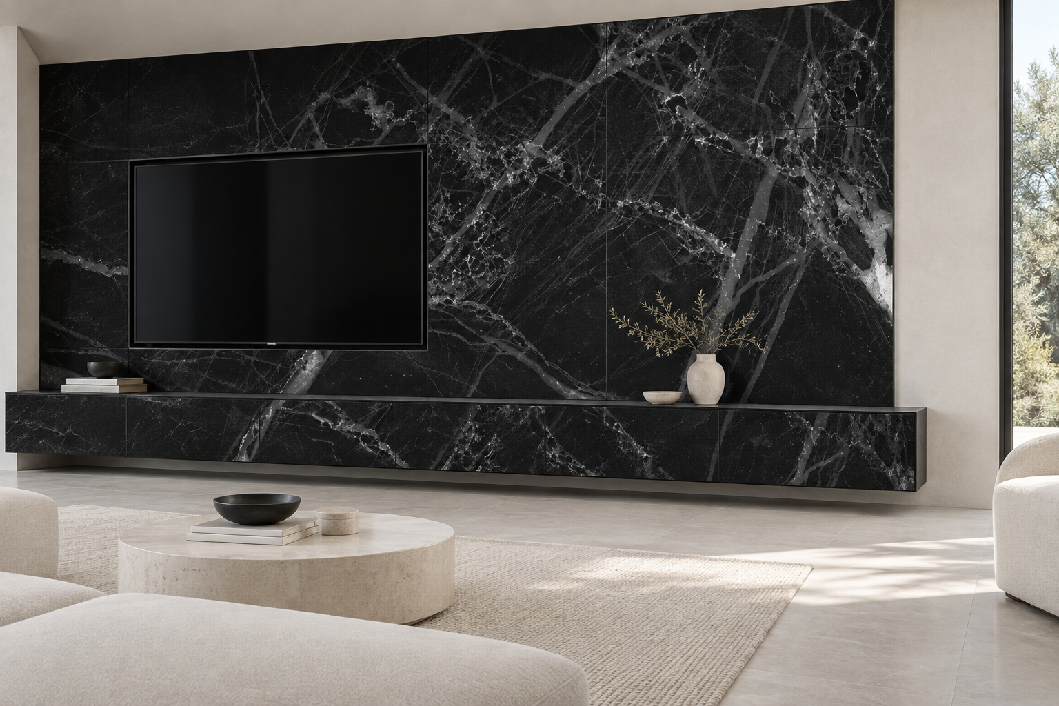 Design visualization: offset television wall in Glass Frost Black, decor HG3007