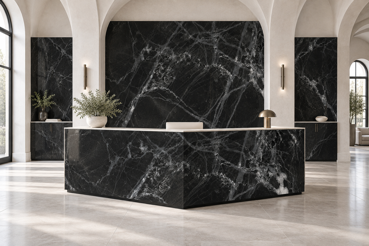 Design visualization: folded reception counter in Glass Frost Black, decor HG3007