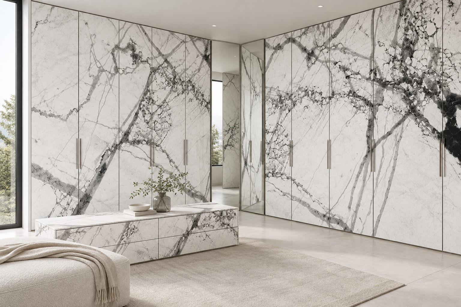 Design visualization: corner wardrobe panorama in Glass Frost White, decor HG3008
