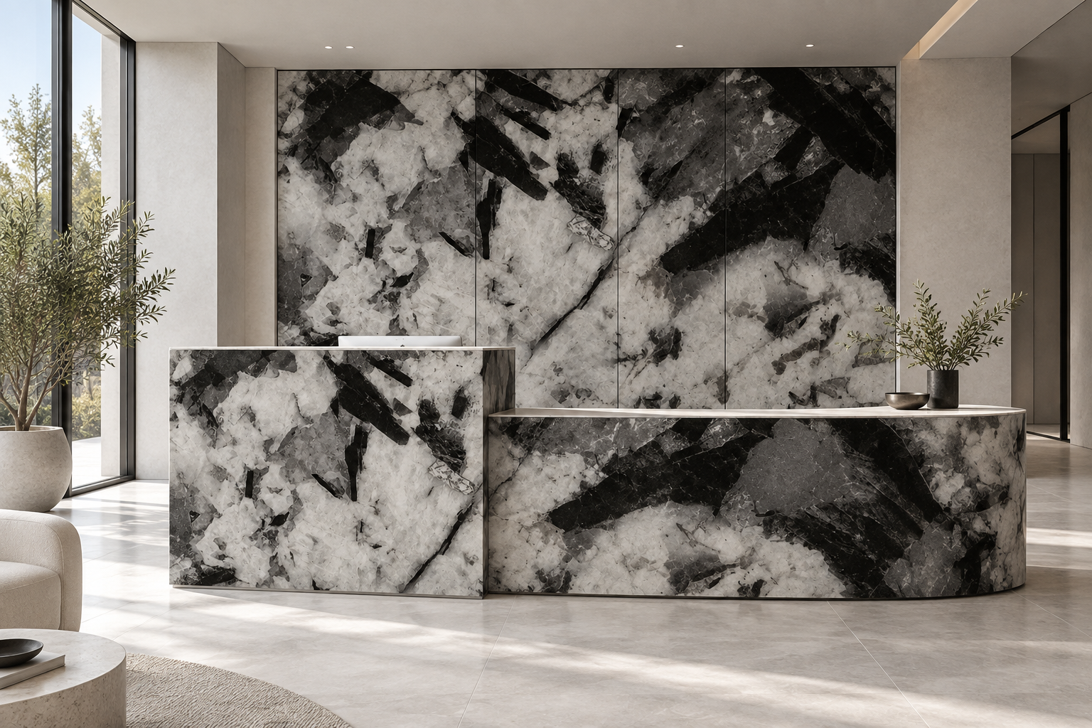 Design visualization: asymmetric reception sculpture in Pandora Rock, decor HG3009