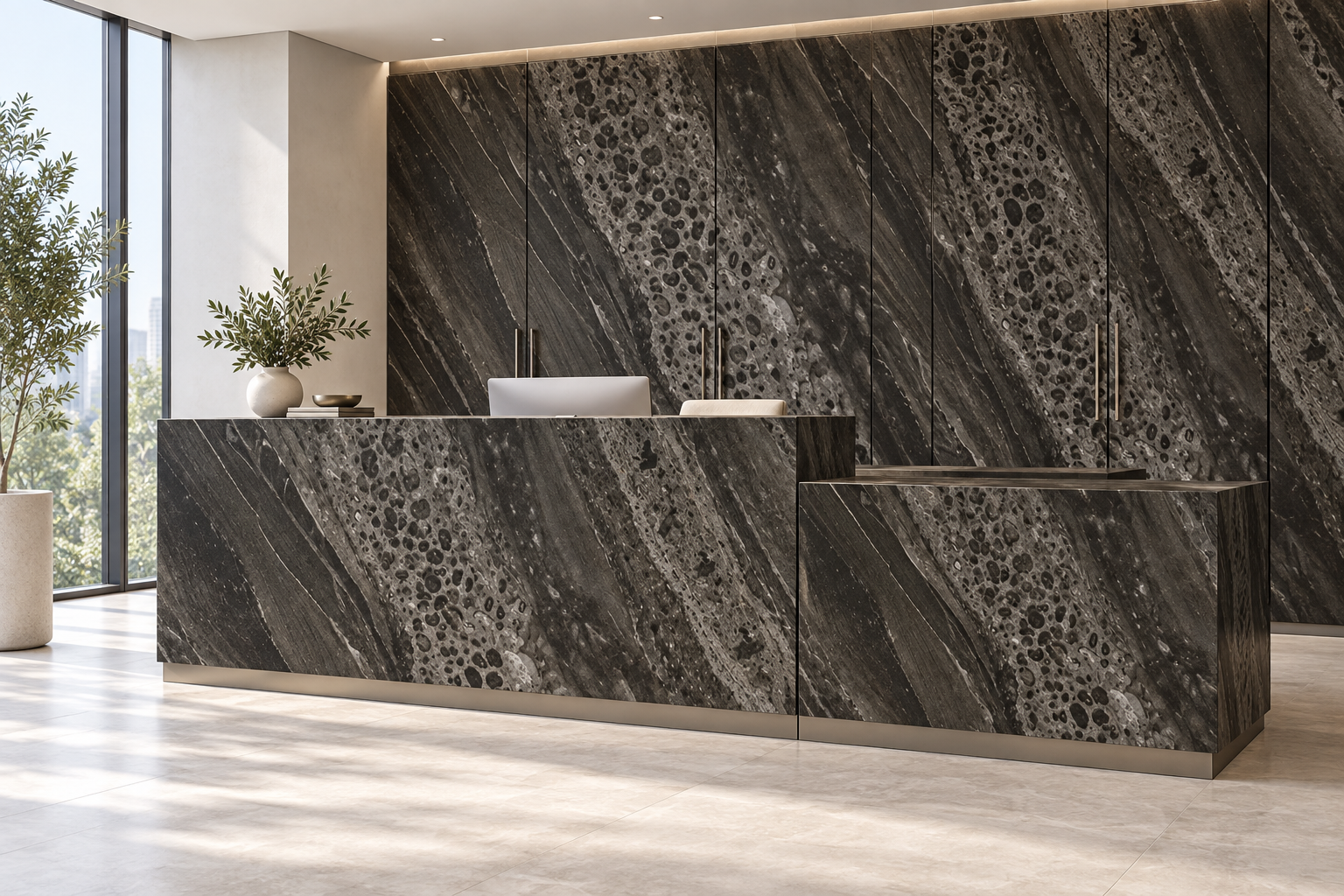 Design visualization: terraced welcome counter in Venice Rock, decor HG3010