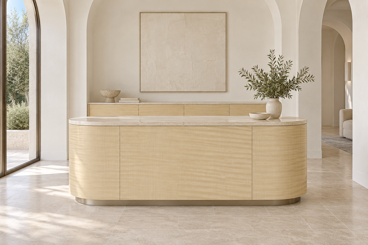 Design visualization: oval welcome island in Shadow Wood Yellow, decor HG3011