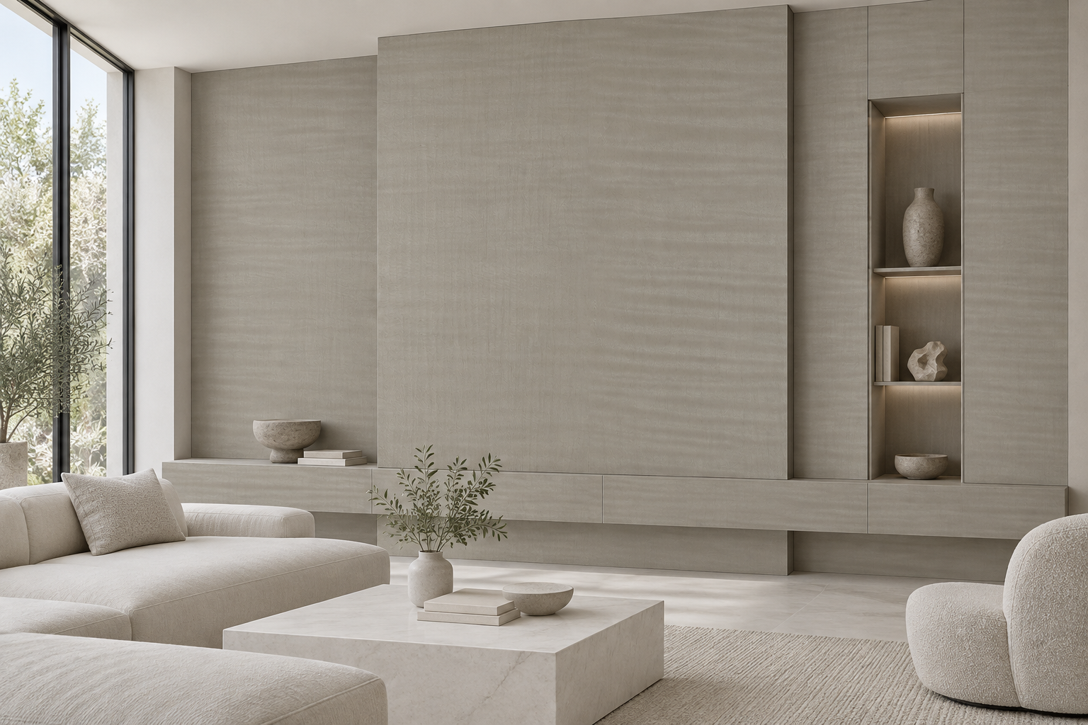 Design visualization: offset gallery paneling in Shadow Wood Grey, decor HG3012