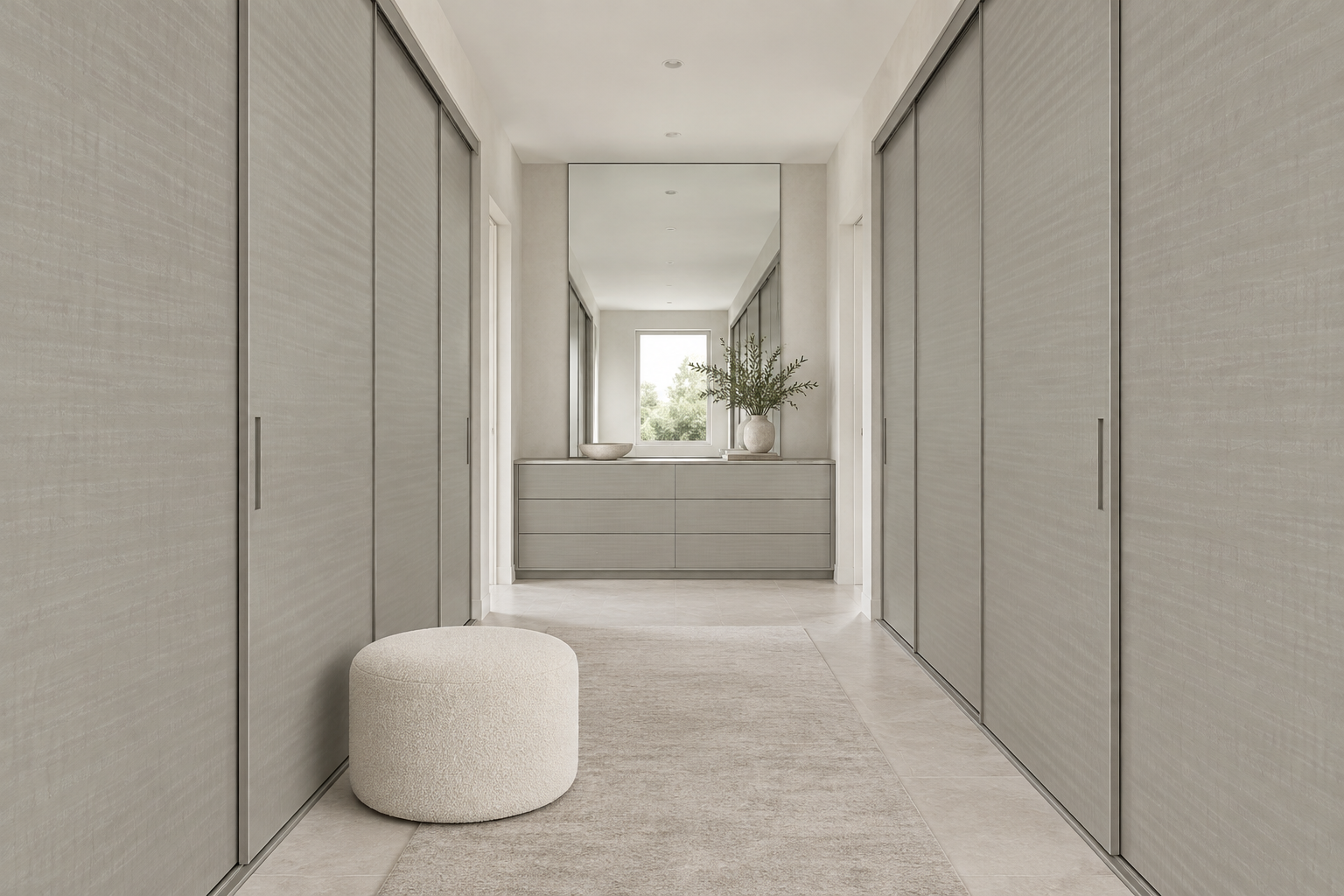 Design visualization: parallel sliding wardrobes in Shadow Wood Grey, decor HG3012
