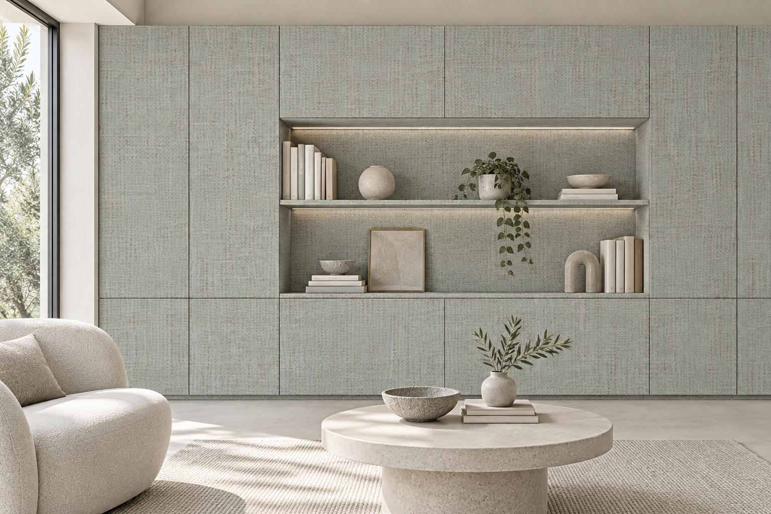 Design visualization: modular reading wall in Knitting Grey, decor HG3013