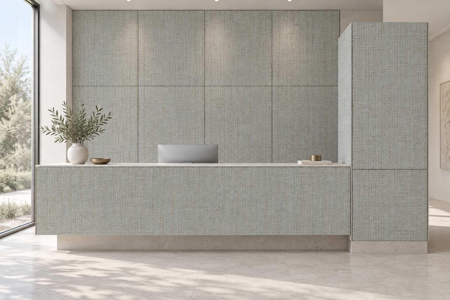 Design visualization: modular reception desk in Knitting Grey, decor HG3013