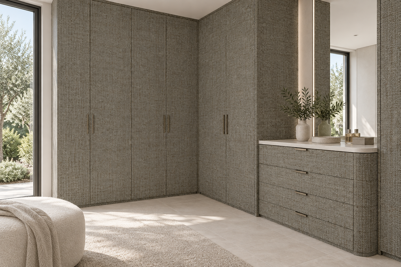 Design visualization: corner dressing room in Knitting Olive, decor HG3014