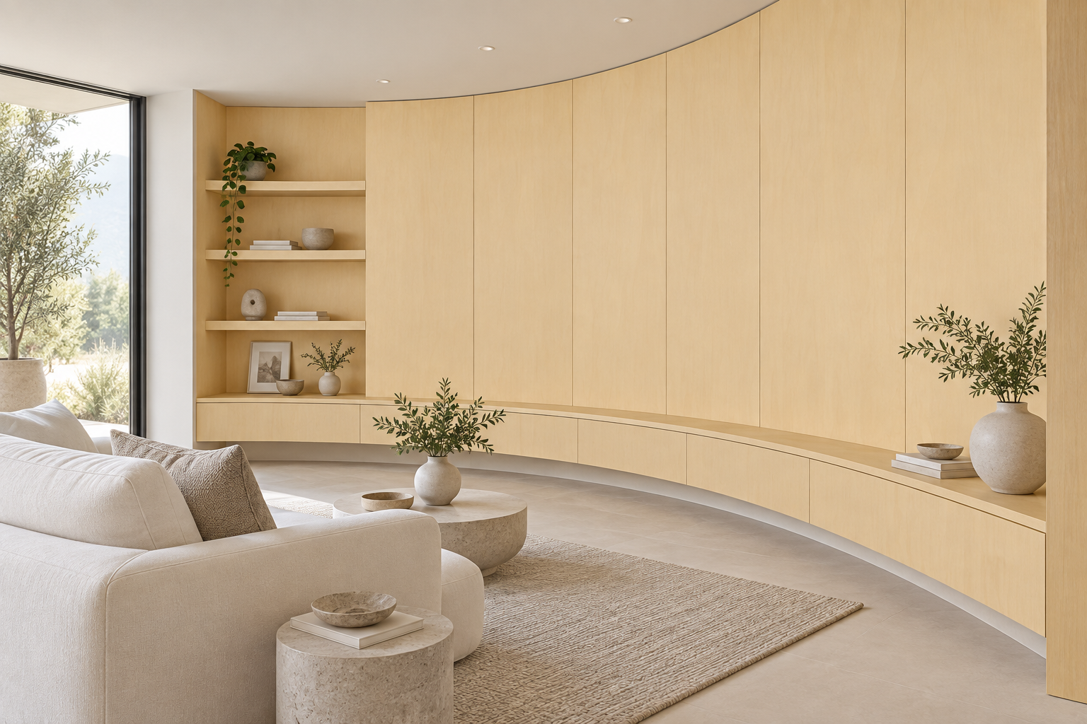 Design visualization: curved library wall in Amber Birch Yellow, decor HG3017
