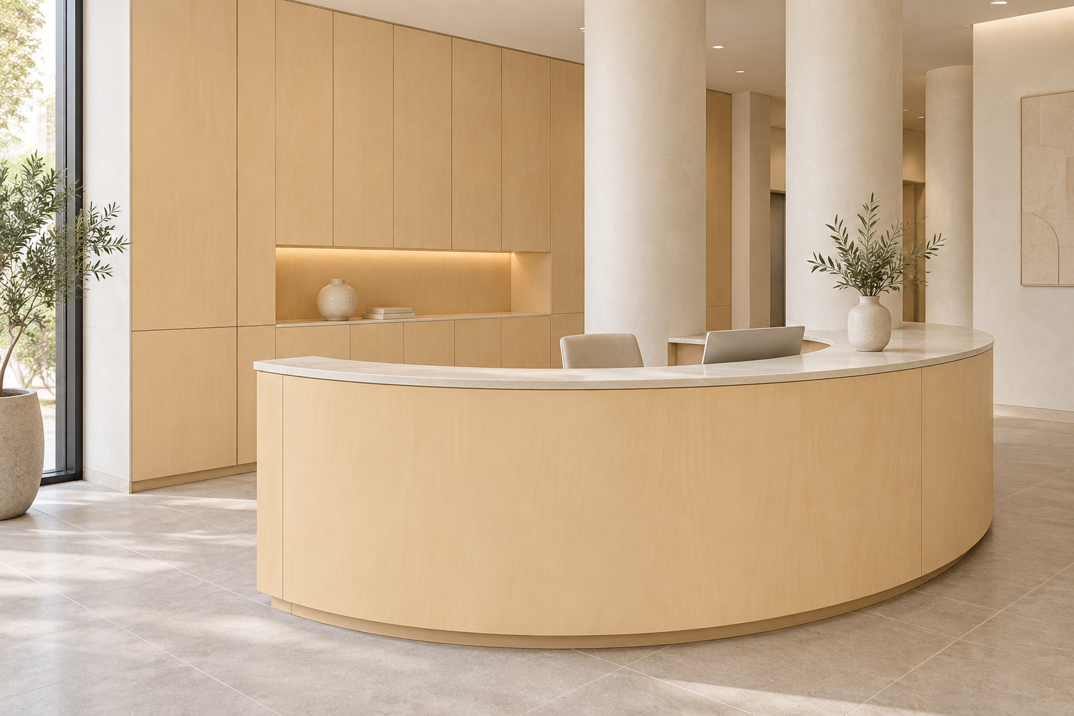 Design visualization: crescent reception counter in Amber Birch Yellow, decor HG3017