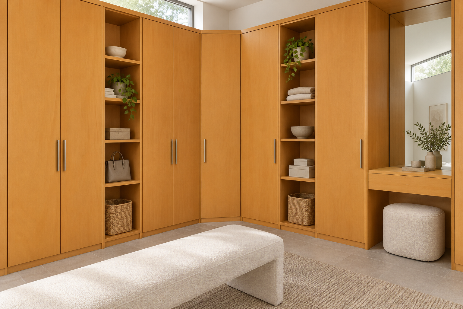 Design visualization: diagonal corner wardrobe in Amber Birch Orange, decor HG3018