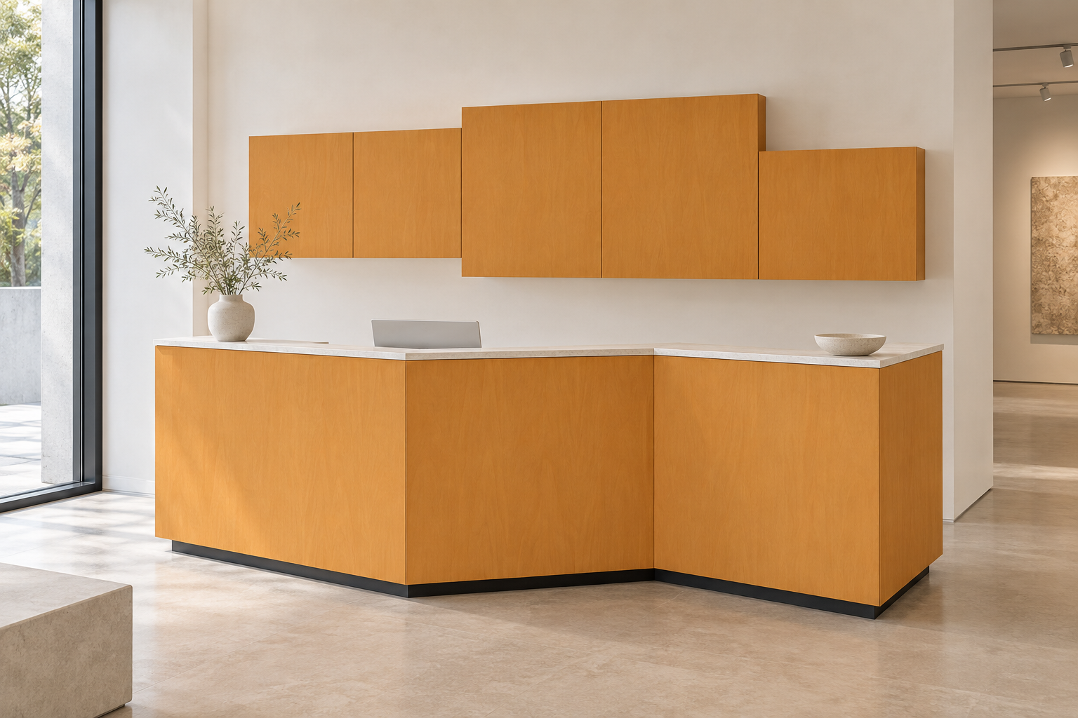 Design visualization: folded reception desk in Amber Birch Orange, decor HG3018