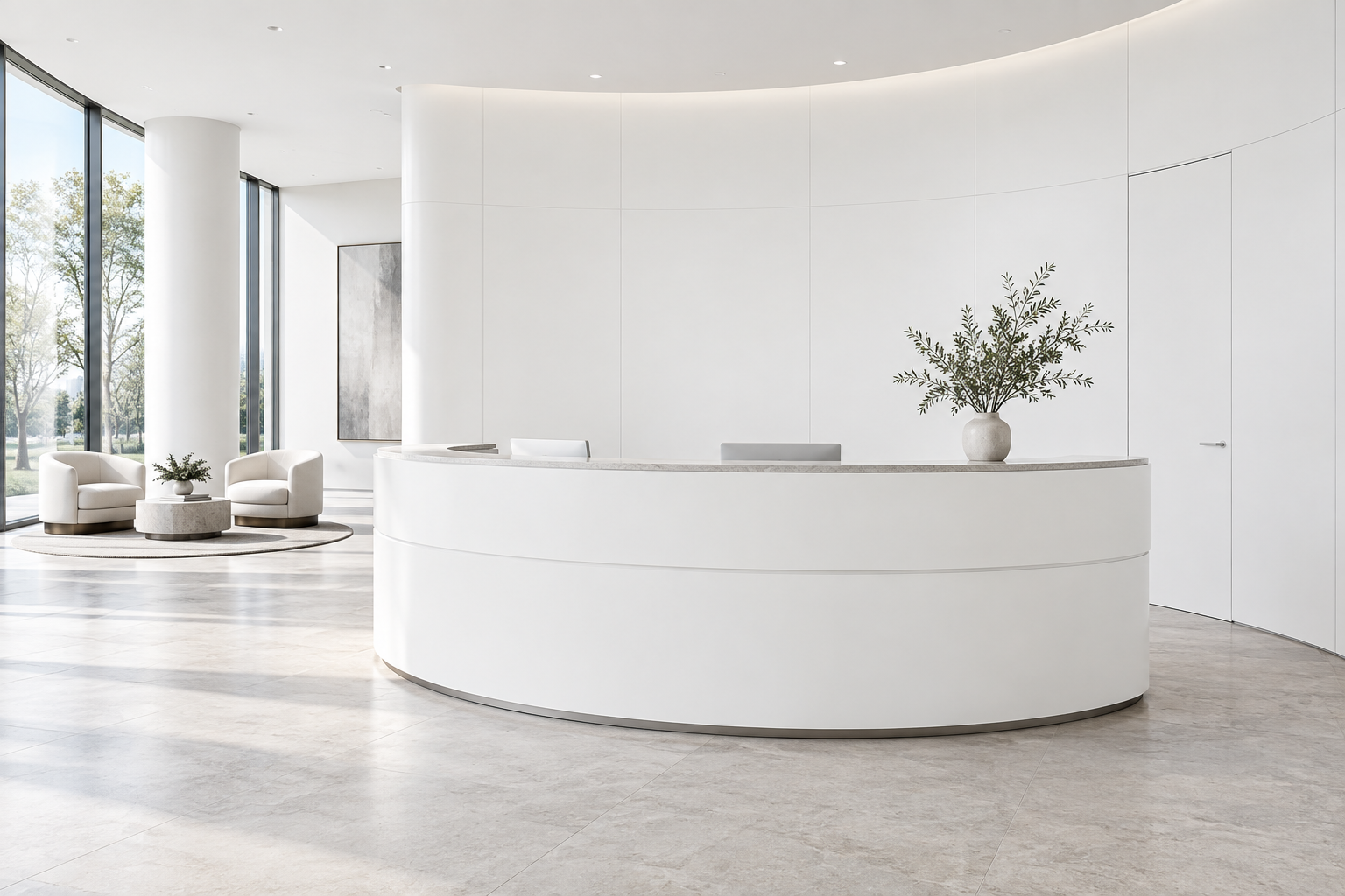 Design visualization: arc reception desk in Chimera White, decor HK2000