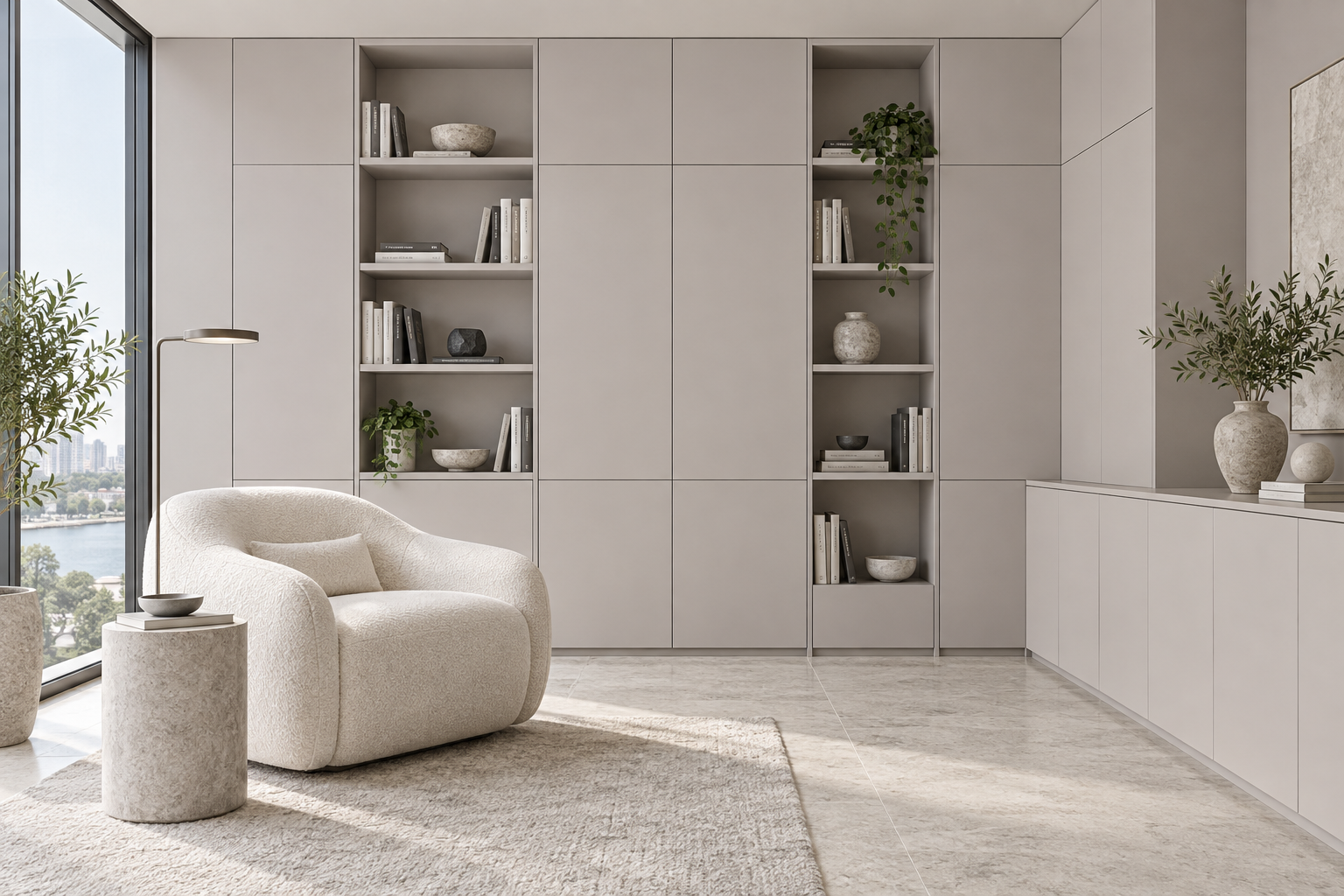 Design visualization: library wall cladding in Chimera Grey, decor HK2001