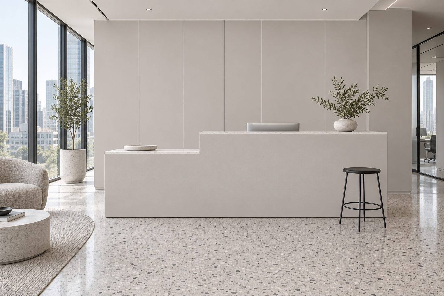 Design visualization: stepped welcome counter in Chimera Grey, decor HK2001