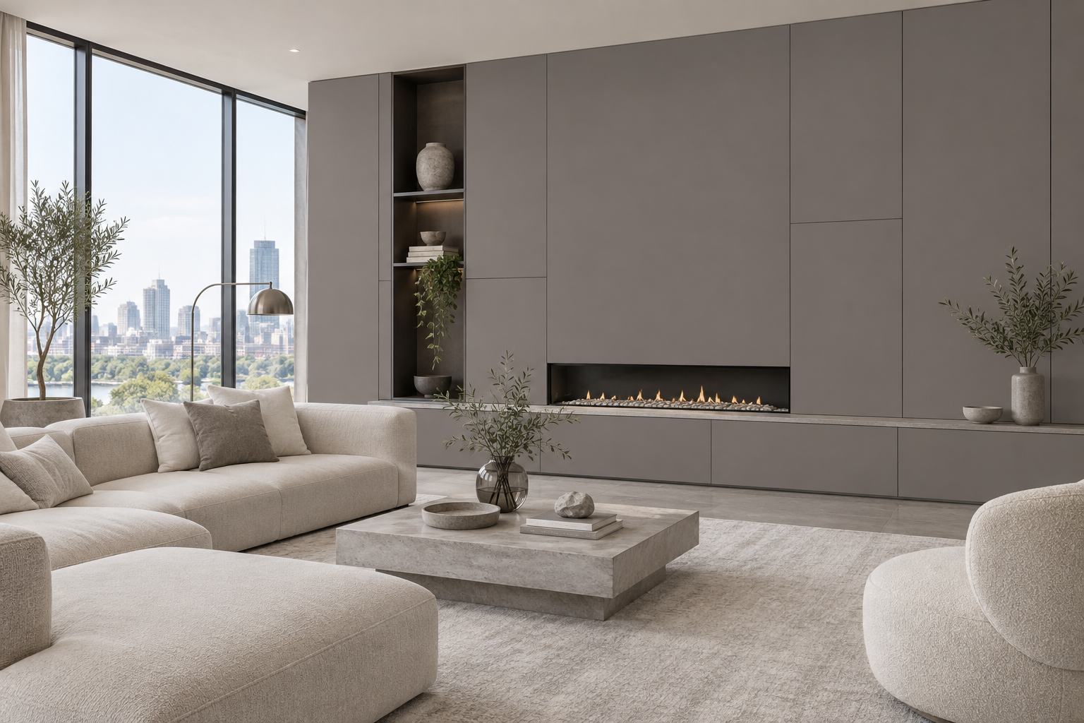 Design visualization: fireplace lounge panels in Chimera Khaki, decor HK2002