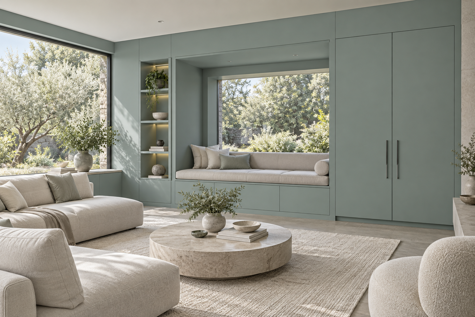 Design visualization: built-in lounge niche in Glacier Grey, decor HK2003