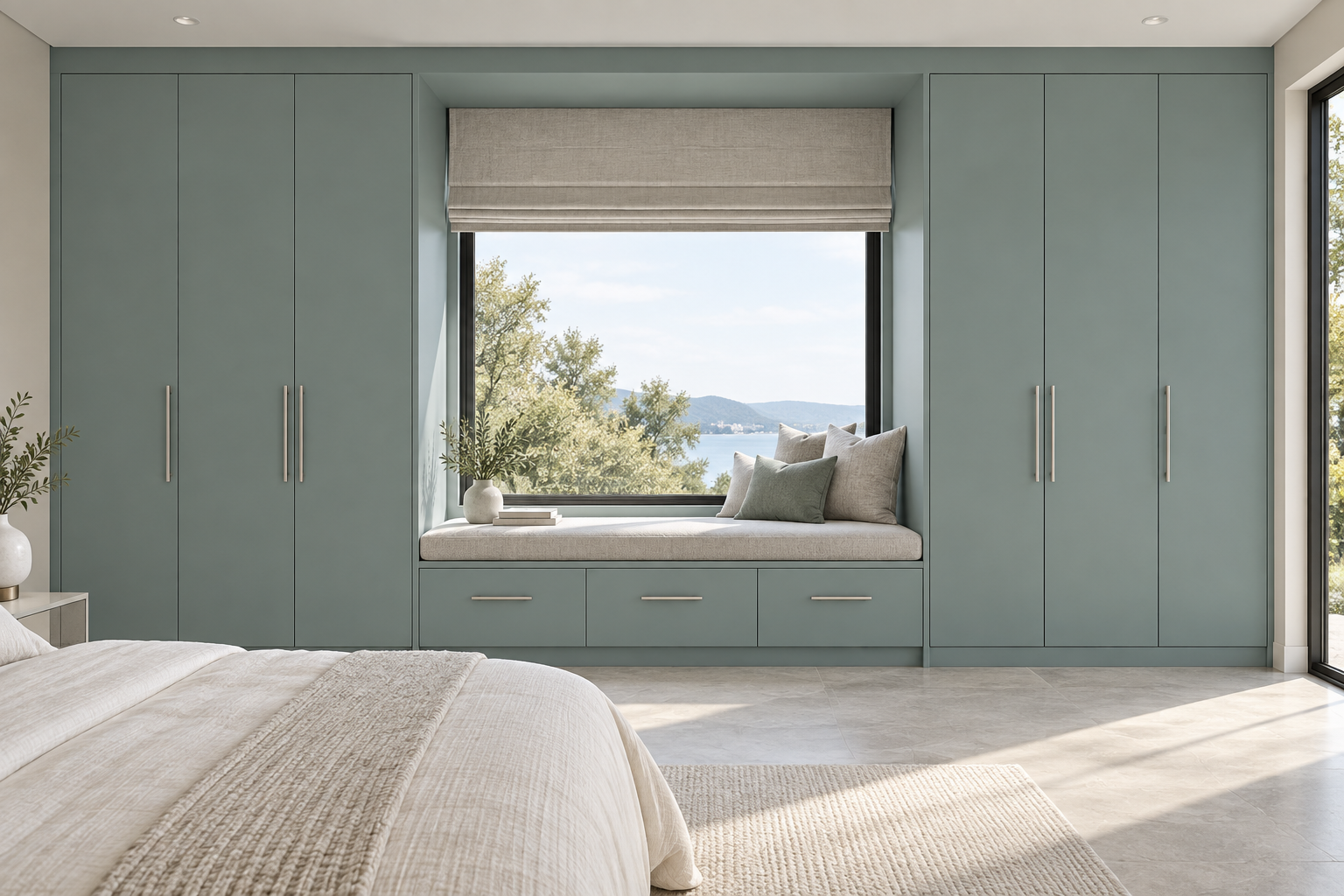 Design visualization: window-seat wardrobe in Glacier Grey, decor HK2003
