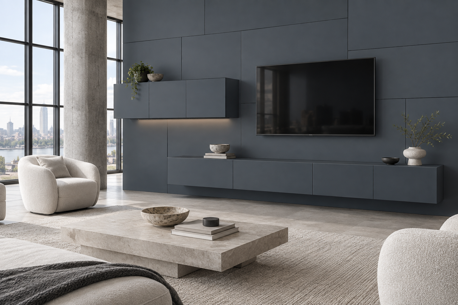 Design visualization: floating media composition in Mysterious Grey, decor HK2004