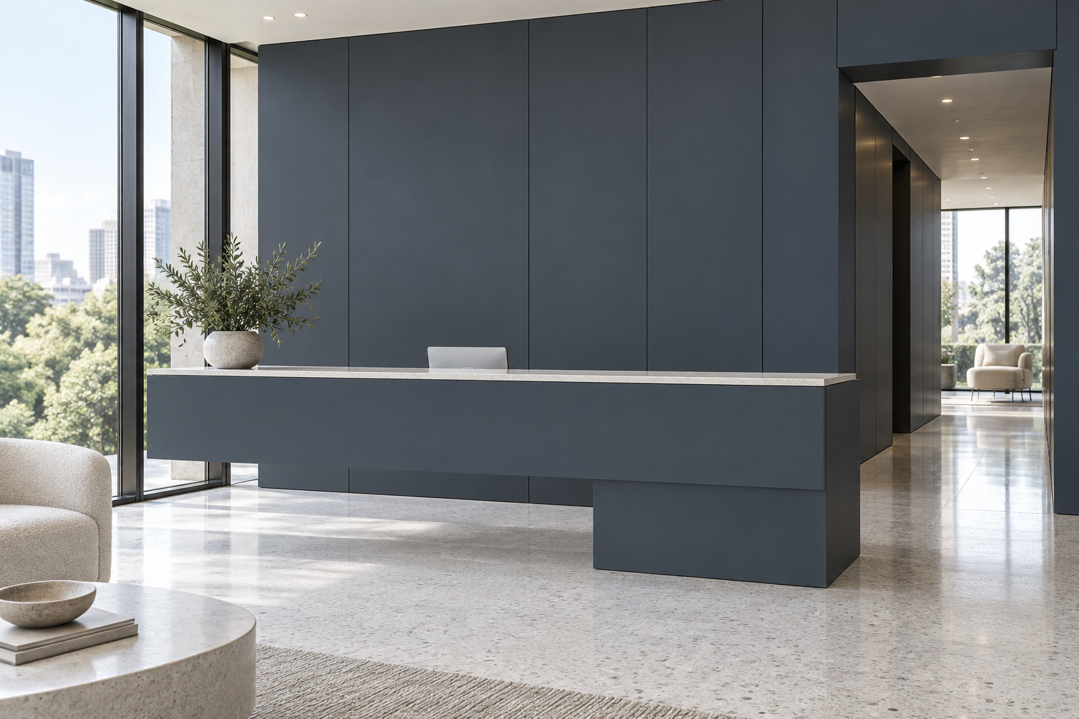 Design visualization: cantilevered reception in Mysterious Grey, decor HK2004