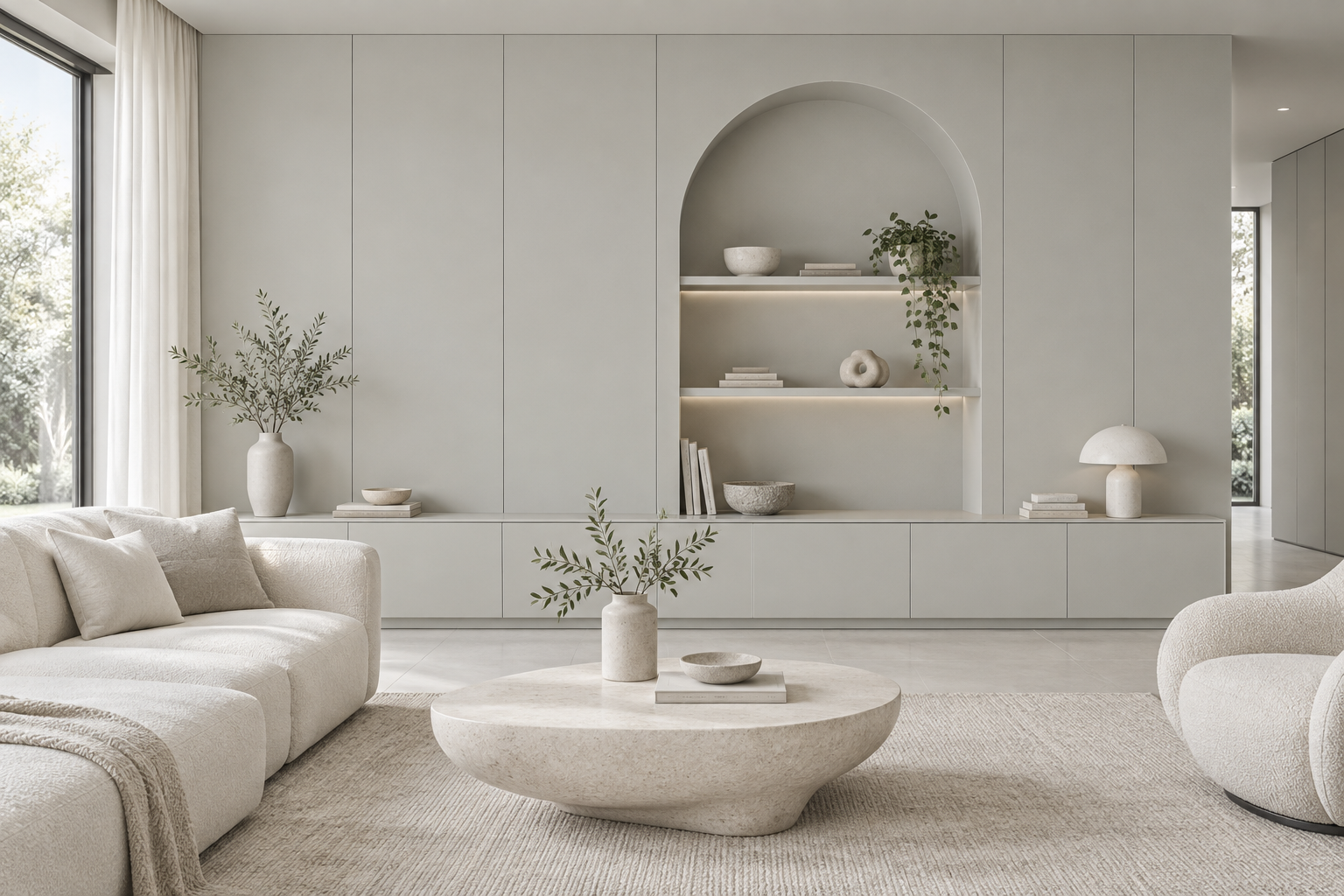 Design visualization: arched storage wall in Angora Grey, decor HK2005