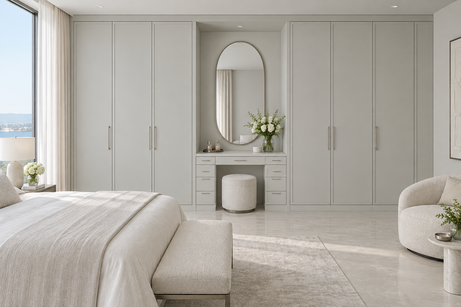Design visualization: framed fitted wardrobes in Angora Grey, decor HK2005