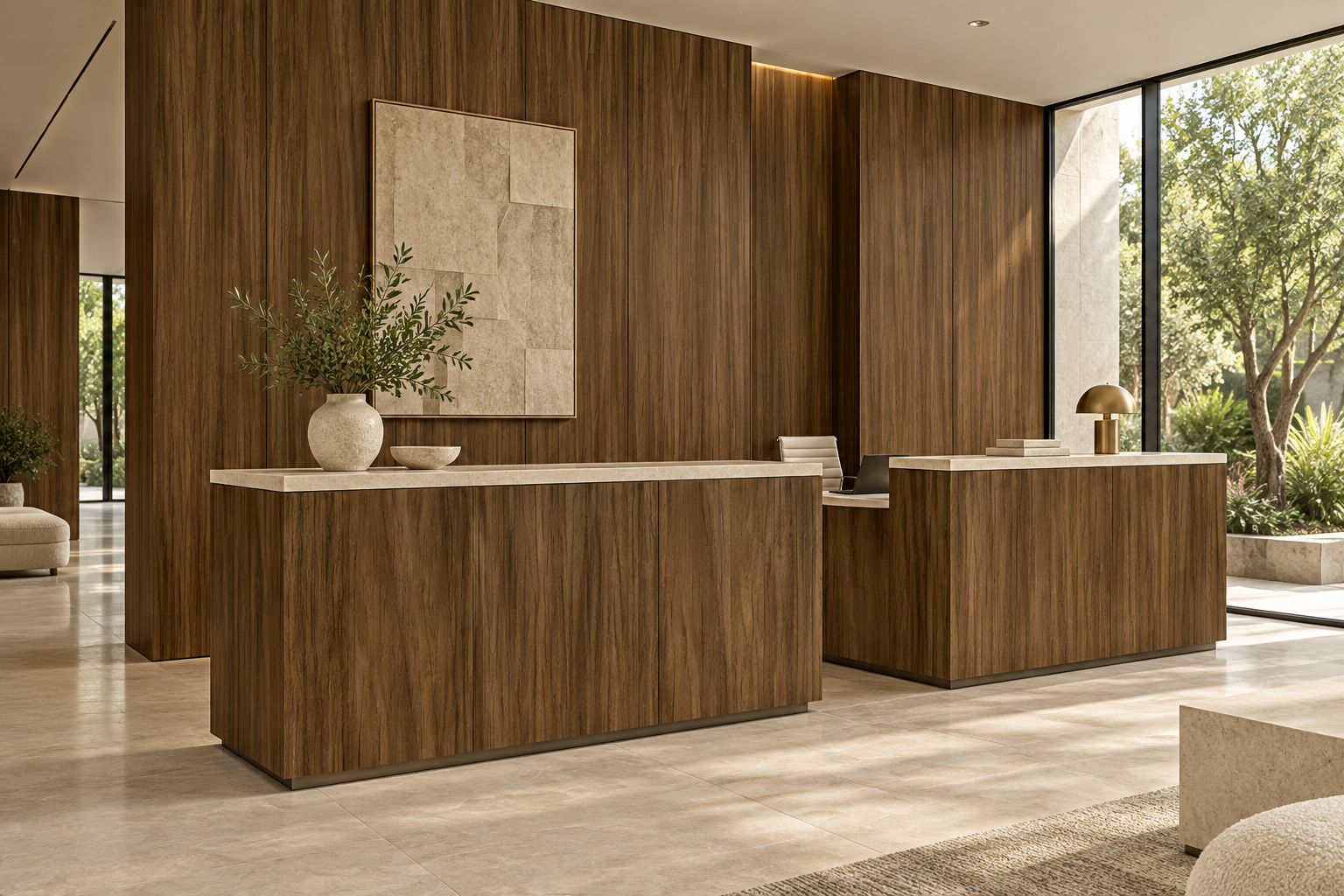 Design visualization: split reception counter in Rhythmic Walnut, decor HK2031
