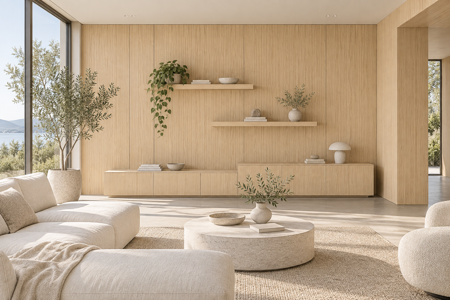 Design visualization: staggered living-room storage in Twilight Oak, decor HK2033