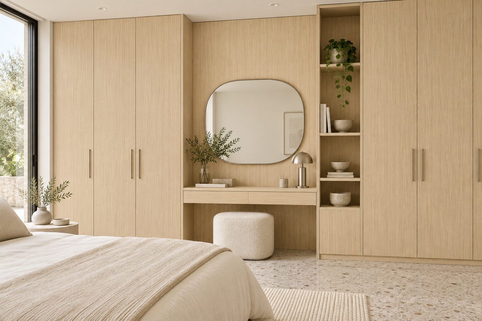 Design visualization: bedroom storage wall in Twilight Oak, decor HK2033