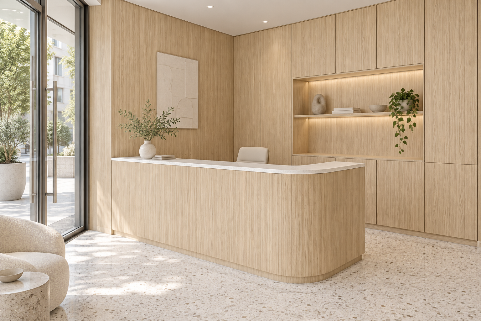 Design visualization: rounded reception corner in Twilight Oak, decor HK2033