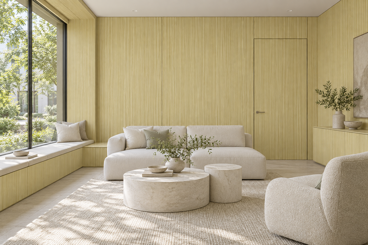 Design visualization: continuous panelled lounge in South Mist, decor HK2034
