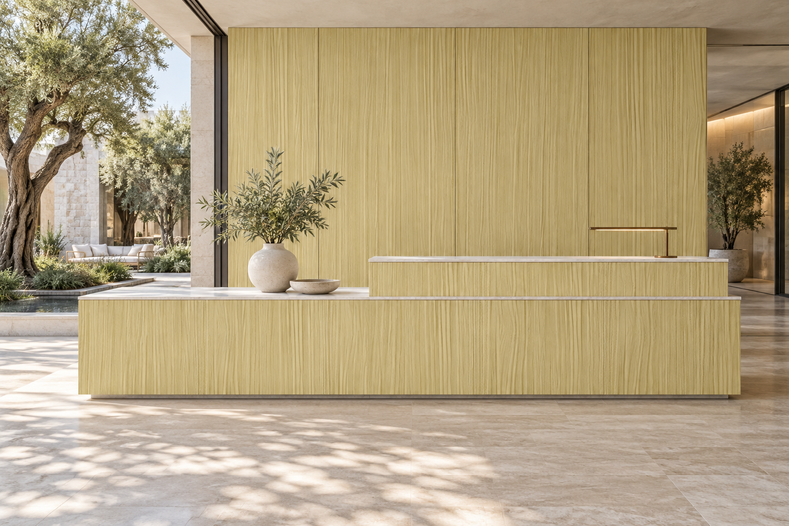 Design visualization: layered reception desk in South Mist, decor HK2034