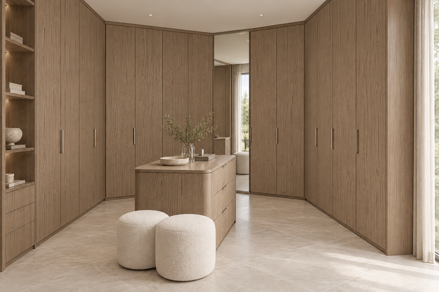 Design visualization: angled dressing corner in Braddon Oak Cyan, decor HK2037