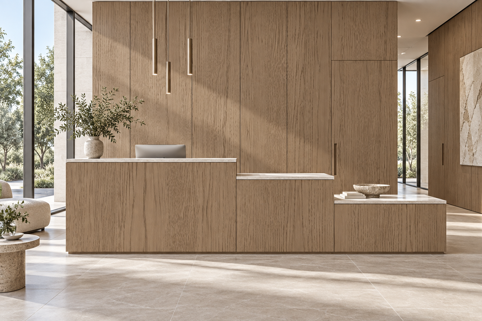 Design visualization: terraced reception in Braddon Oak Cyan, decor HK2037