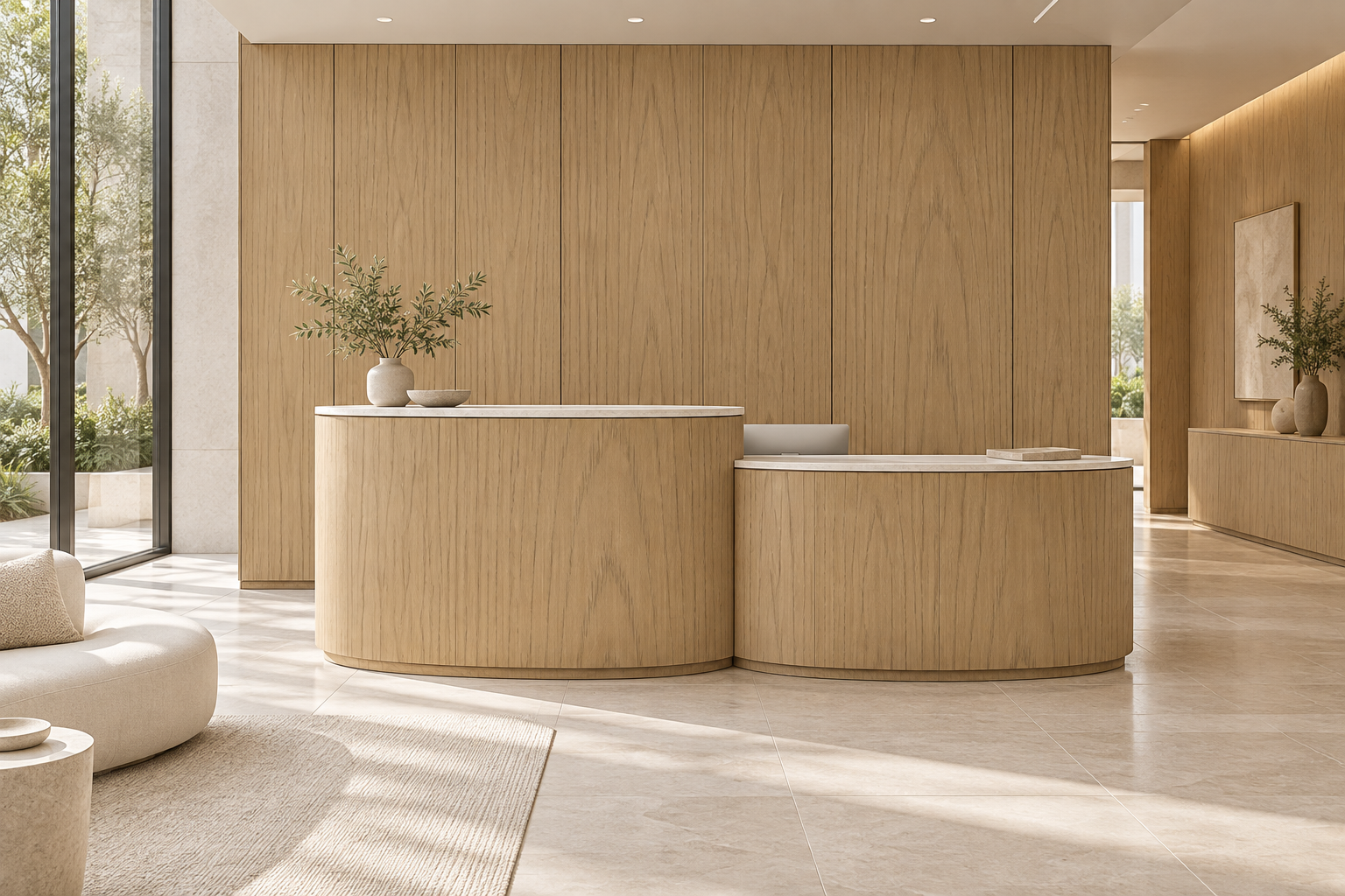 Design visualization: twin-drum reception in Braddon Oak Yellow, decor HK2038