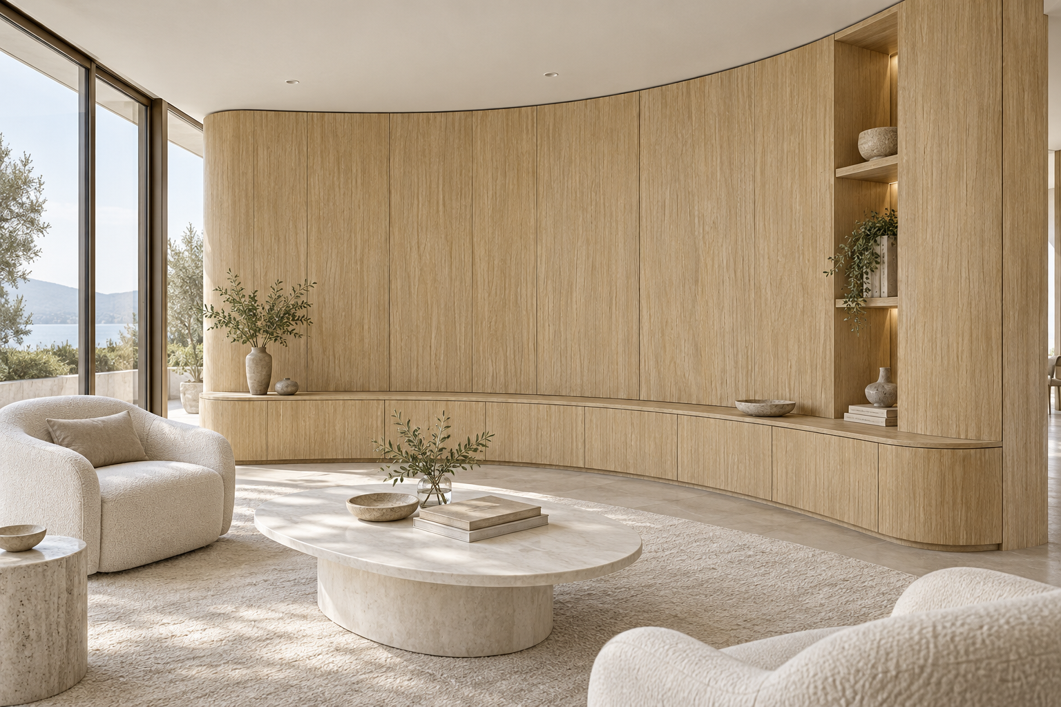 Design visualization: curved reading wall in Mellow Oak Yellow, decor HQ6111