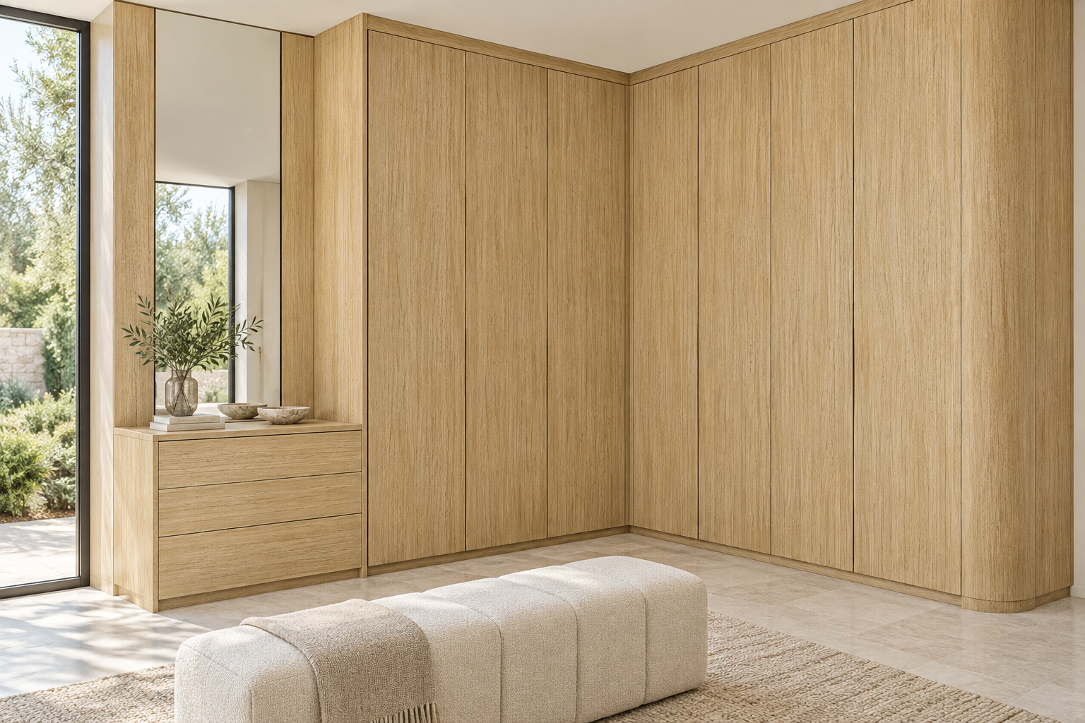 Design visualization: rounded wardrobe corner in Mellow Oak Yellow, decor HQ6111