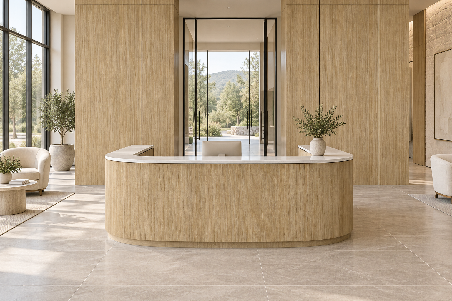 Design visualization: horseshoe reception in Mellow Oak Yellow, decor HQ6111
