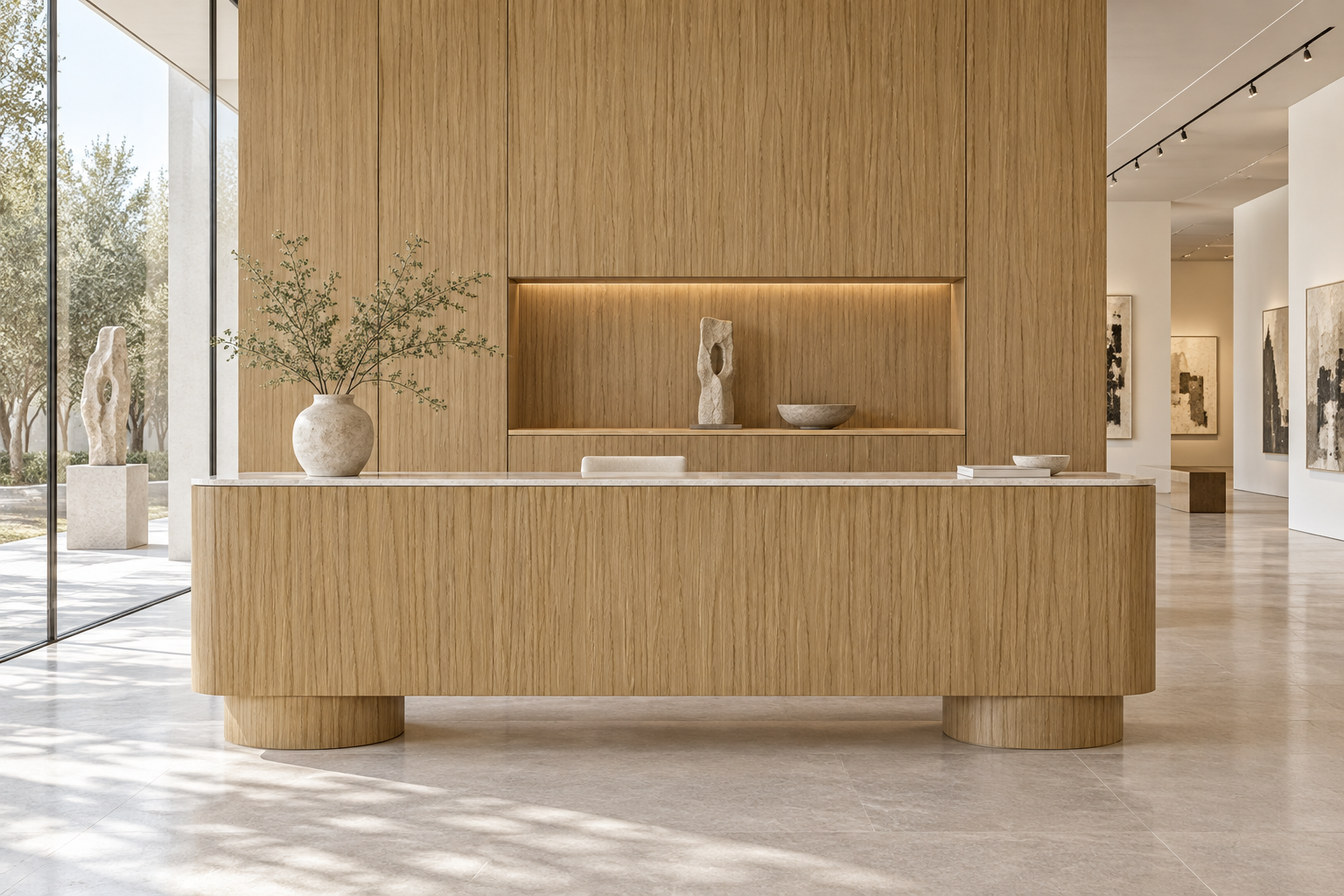 Design visualization: pedestal reception in Shanshui Elm Twilight, decor HQ6121