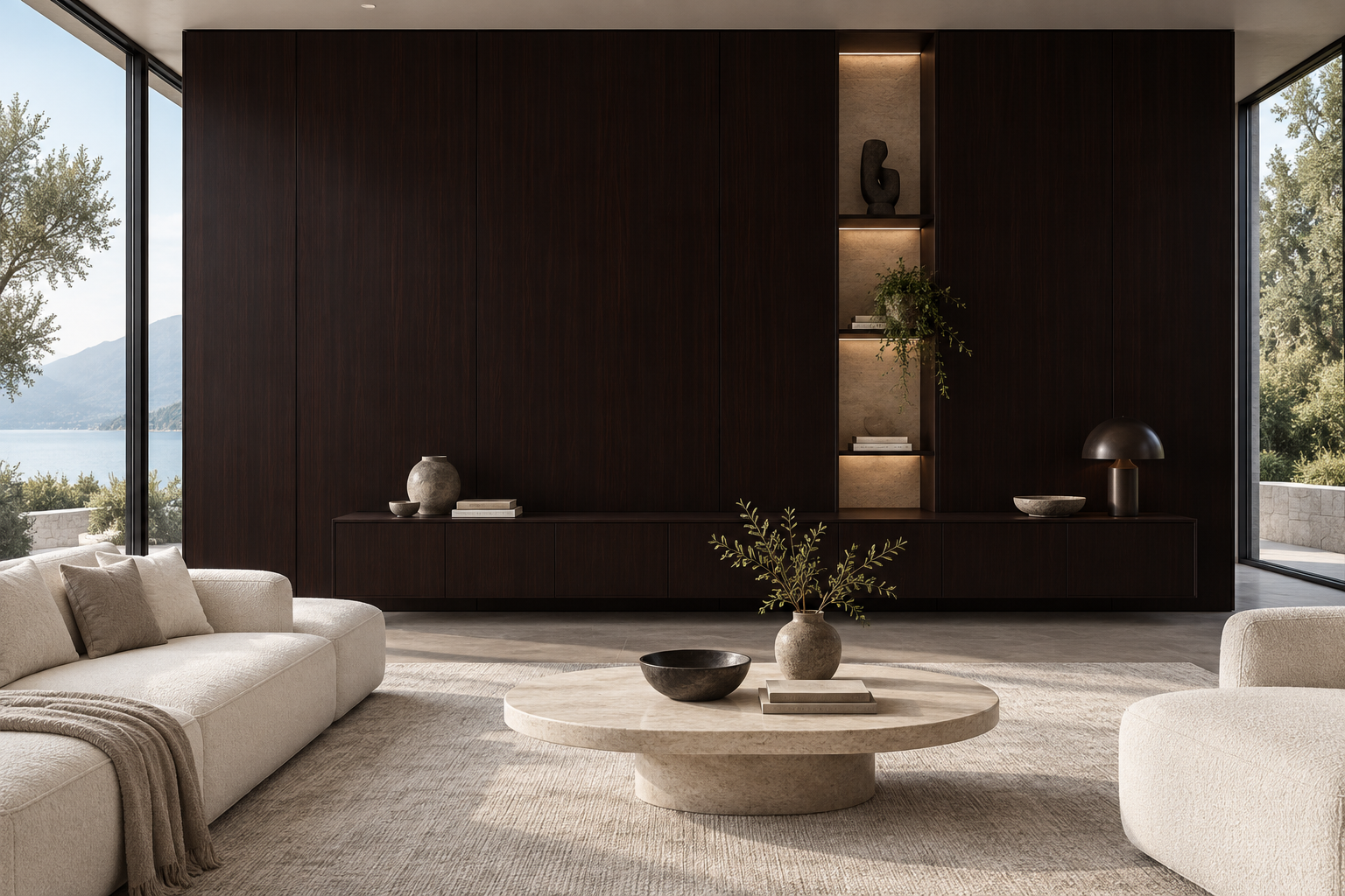 Design visualization: monolithic lounge panels in Shanshui Elm Ink, decor HQ6122
