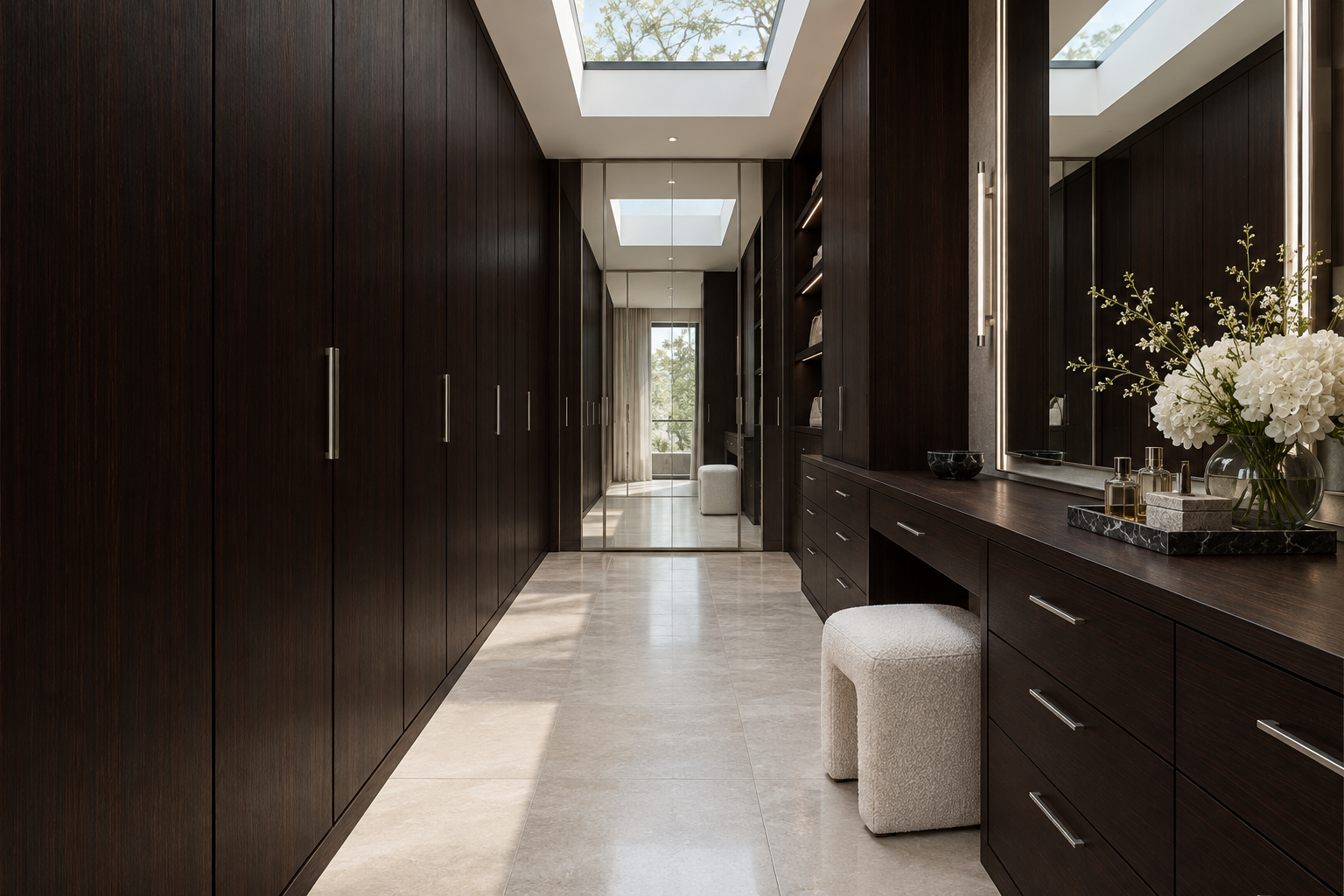 Design visualization: mirror-lined wardrobe aisle in Shanshui Elm Ink, decor HQ6122