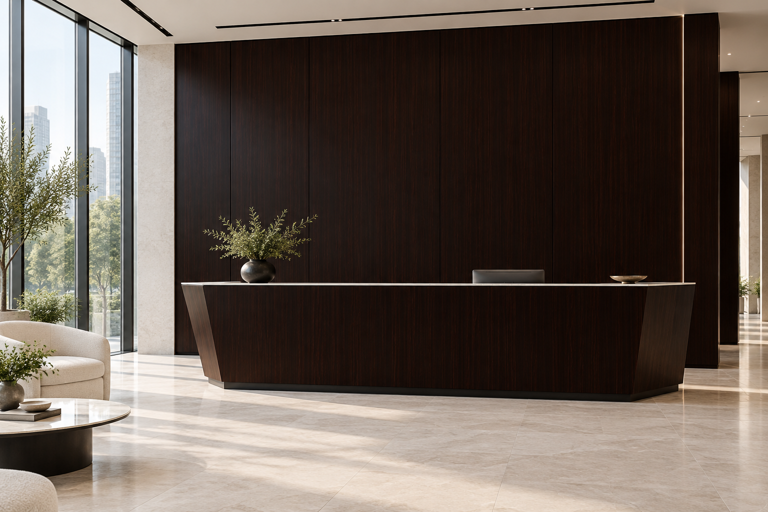 Design visualization: chamfered welcome desk in Shanshui Elm Ink, decor HQ6122