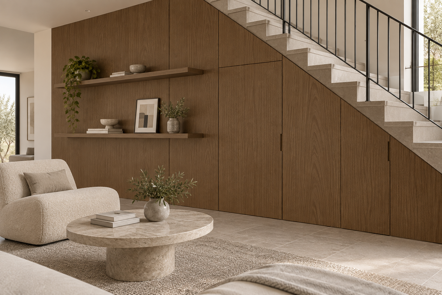 Design visualization: stair-side elm cladding in Snow Elm Clay, decor HT6051